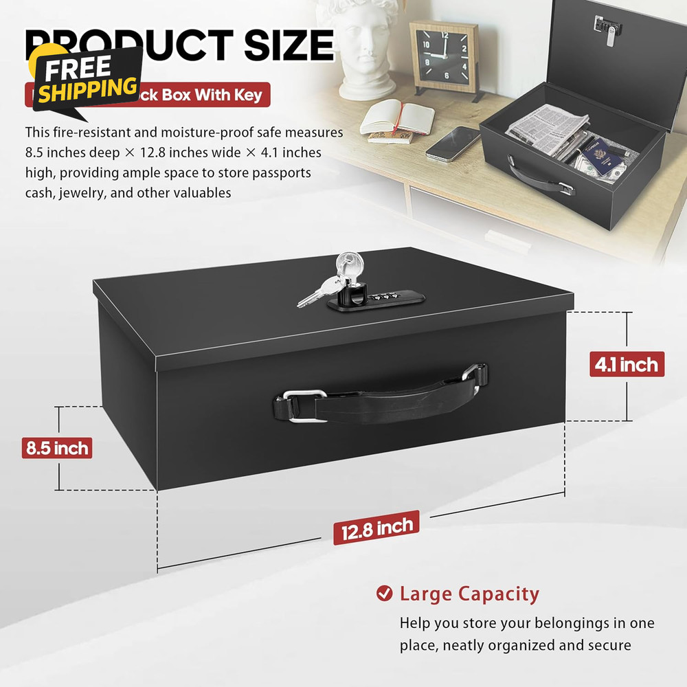 Fireproof Lock Box with Key and Combination Lock, Fire Safe Document Box