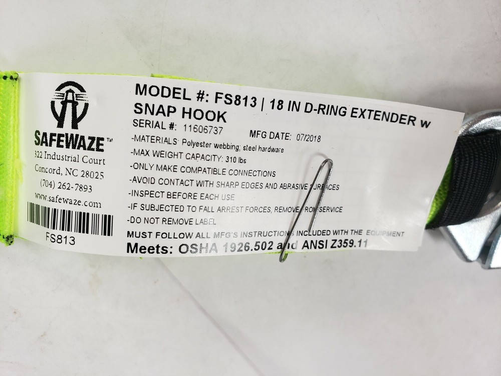 SafeWaze FS813 18" D-Ring Extender with Snap Hook Fluorescent Green