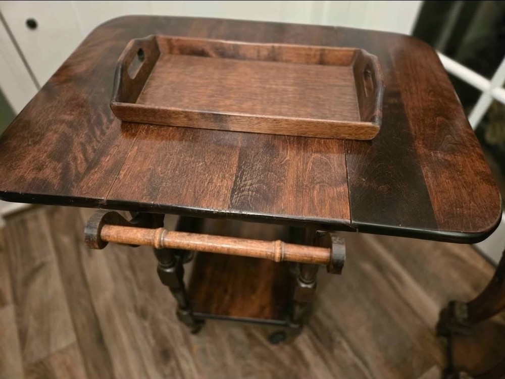 Antique solid oak bar cart with removable tray