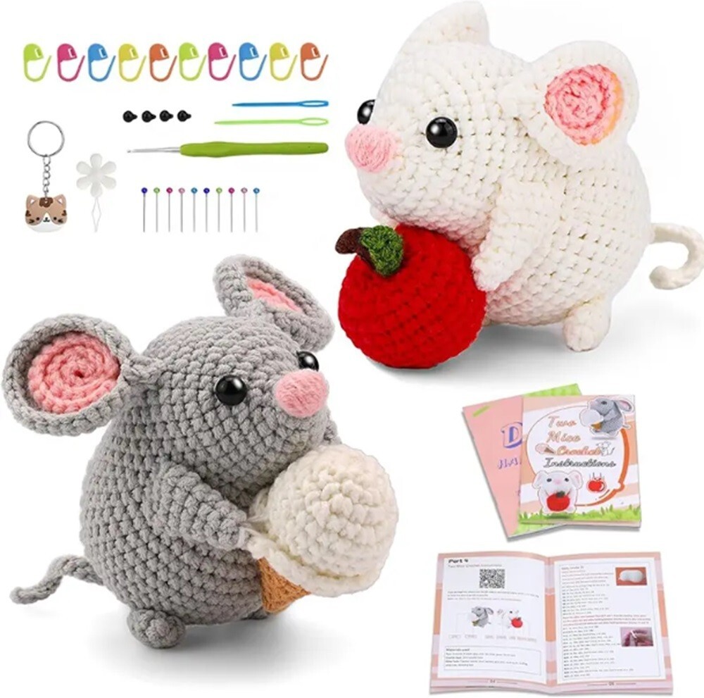2‑Pack Beginners Crochet Kit w Hooks & Threaders–Cute Mouse DIY Yarn Starter Set