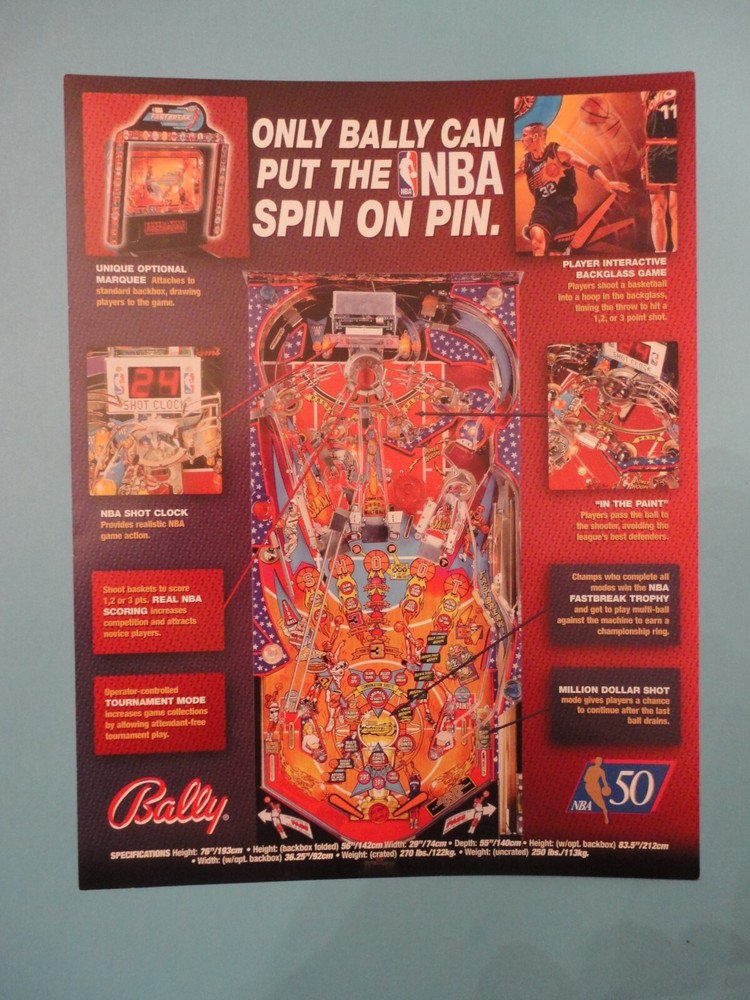 NBA Fastbreak Pinball Machine Flyer Bally Original Autographed Brochure