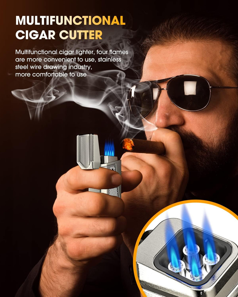 Cigar Lighter 4-Torch Jet Flame - Cigar Punch, Holder, Draw Enhancer, Windproof