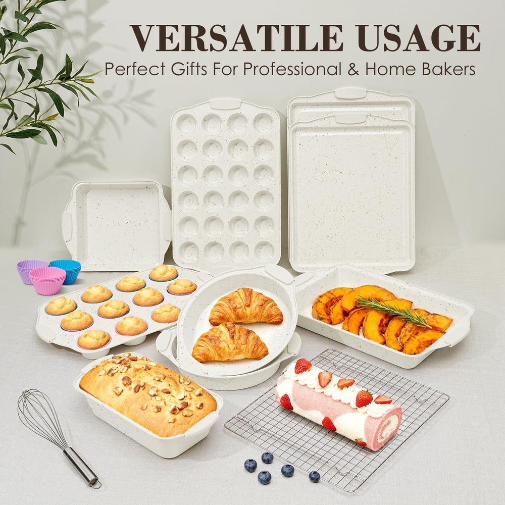 Baking Pans Set Nonstick, Stackable Bakeware Sets with Silicone 22PCS, Cream