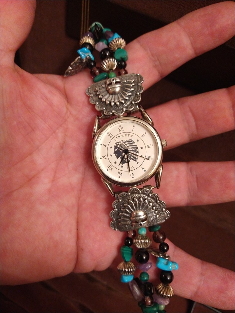 Southwest Native Jet/Turquoise/Malachite/Amethyst Sterling Watch