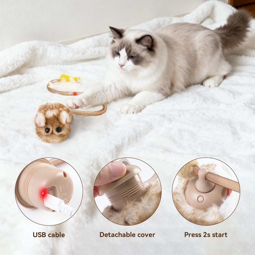 Interactive MigiMouse Cat Toy 360° Rolling & Spin with Wiggling Tail for Indo...