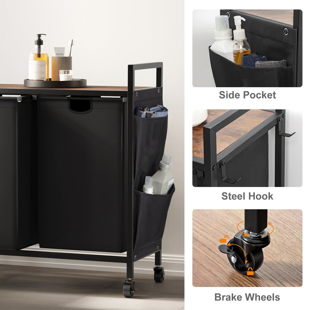 Double Laundry Hamper with Lid,Rolling Laundry Basket Organizer with Wheels, ...