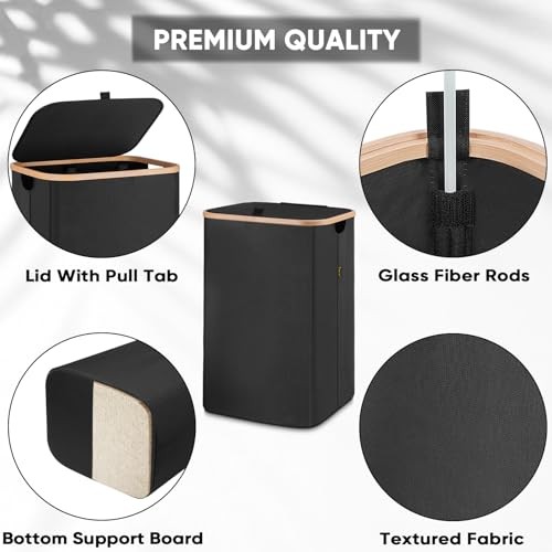 Laundry Hamper with Lid, Tall Laundry Baskets with Bamboo Pull 70 liters Black