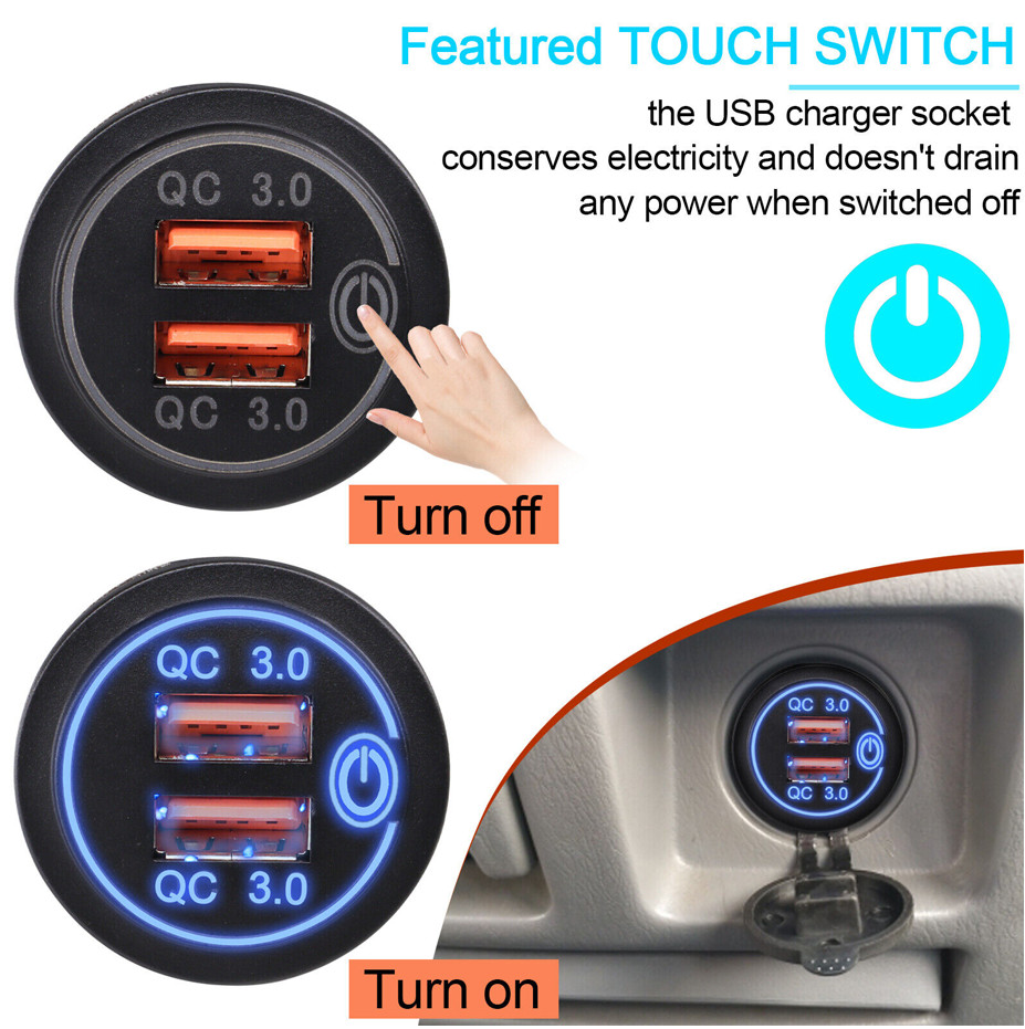2PCS Quick Charge QC 3.0 Dual USB Car Fast Charger Socket with Touch Switch