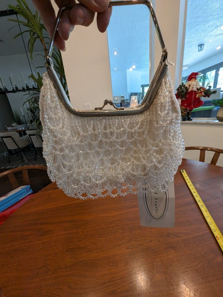 NWT ALFRED ANGELO WHITE BEADED SEQUIN EVENING BAG BRIDE SILVERTONE HANDLE LATCH
