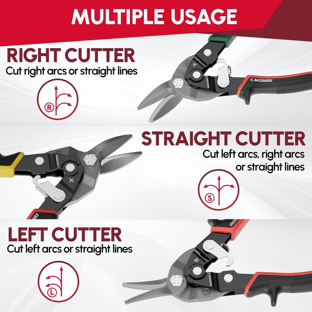 ARROW 3PCS 8" High Leverage Tin Snips Set Left Straight Right Cut Aviation Snips