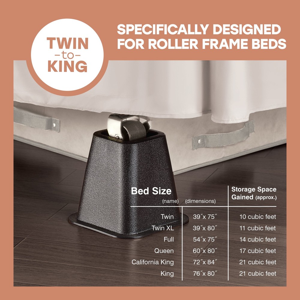 6 inch Plastic Bed Risers with Wheel Caster Stabilizer, Black, 2.29 lb