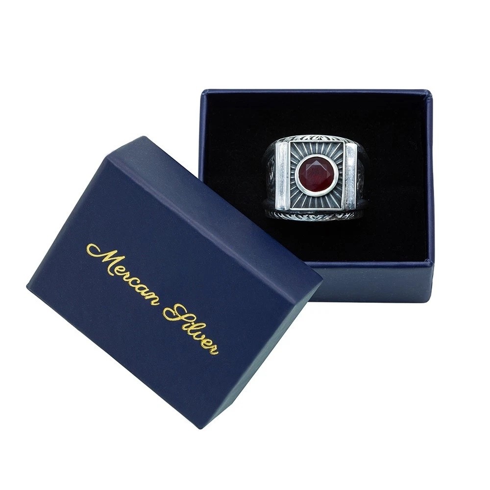 925 Men's Red Ruby Gemstone Handmade Engraved Sterling Silver Ring