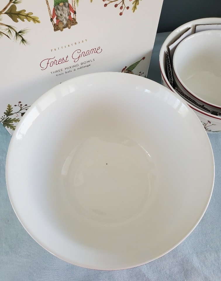 Pottery Barn Forest Gnome Three Mixing Bowls Nesting 3 pc Set with Original Box