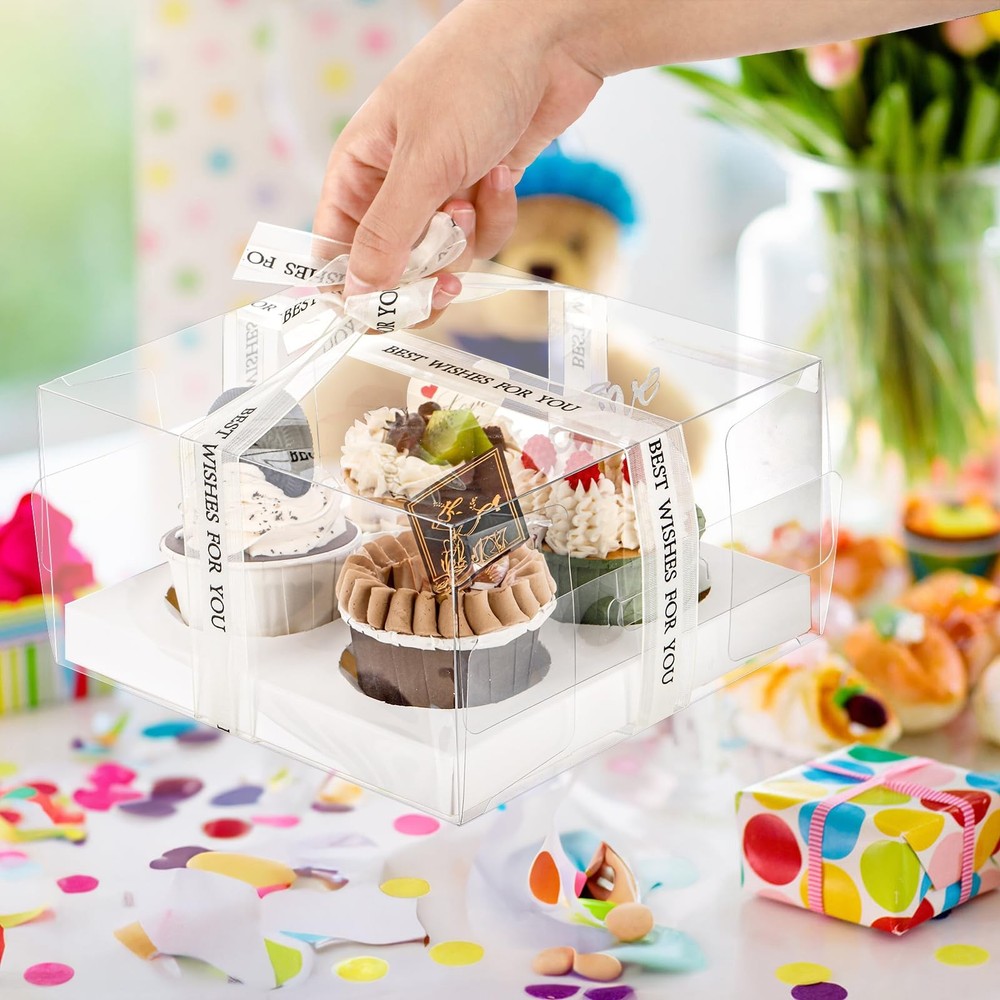 20 Pack Clear Cupcake Boxes with Gift Ribbon, 4 Count Plastic Cupcake Contain...