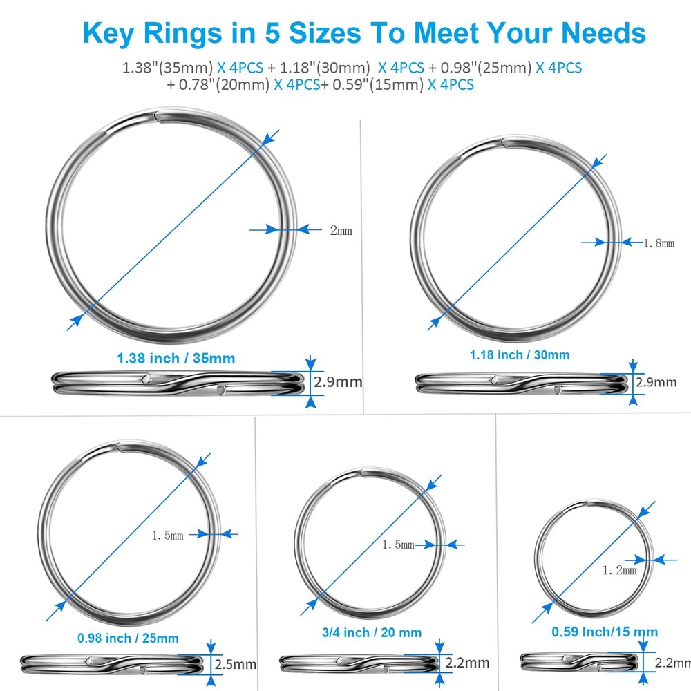 Split Key Ring Circle Assorted, Metal Keyring Durable in 5 Sizes
