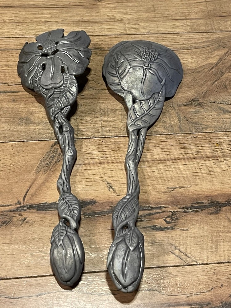 Aluminum "Magnolia" Serving Utensil Set Spoon & Fork Pair ~ EUC