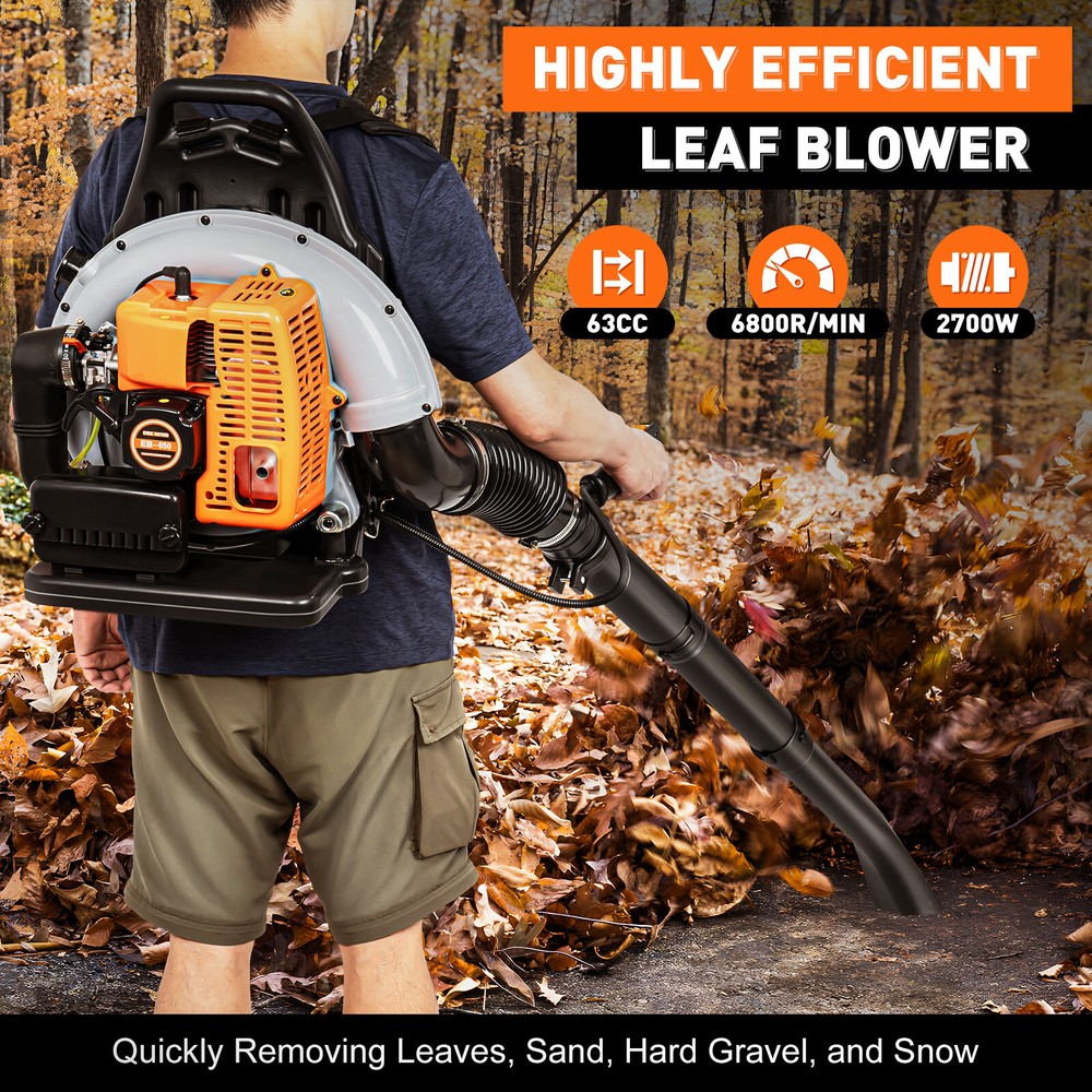 63CC 2-Stroke Manual Start Backpack Gas Powered Leaf Blower 6800r/min