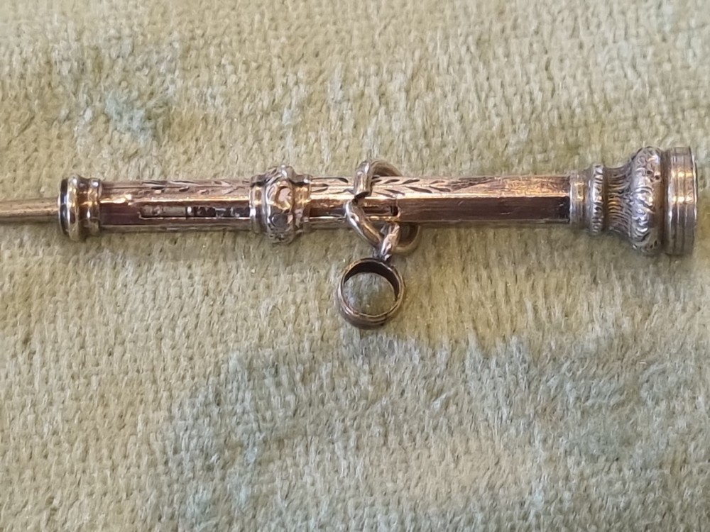 Antique Solid Silver Propelling Pencil With Orange stone , Fob , Chatelaine