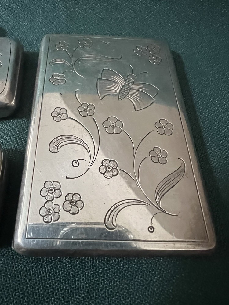 FABULOUS 835 SILVER 4 PIECE ETCHED CIGARETTE CASE COMPACT PERFUME PILL BOX SET