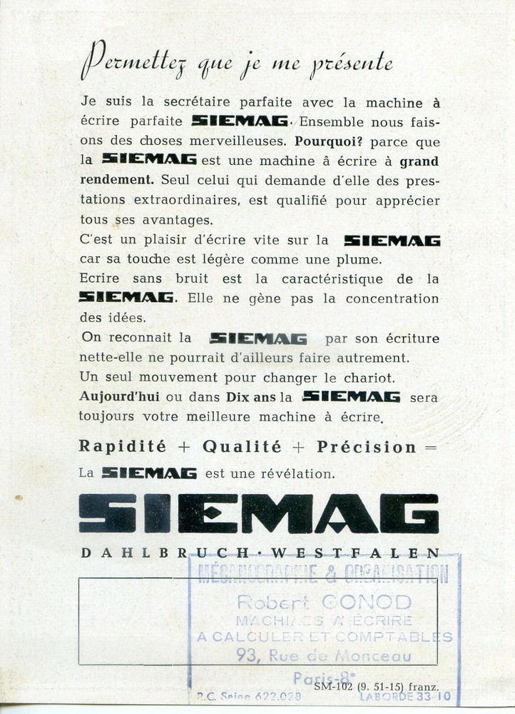 ADVERTISEMENT - SIEMAG - TYPEWRITER