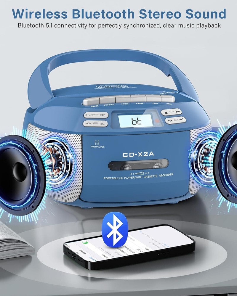 Compact Wireless Bluetooth Boombox with Cassette Player and Remote Functionality