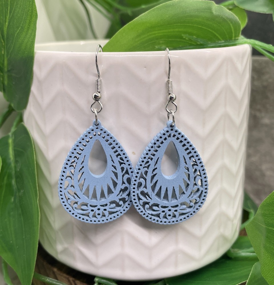 2” Silver-tone Earring Set  Wood Retro Drop Dangle New Free Ship B7033