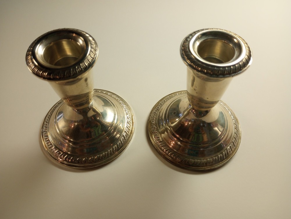 (TWO) Antique Crown Sterling Silver Weighted Candlesticks