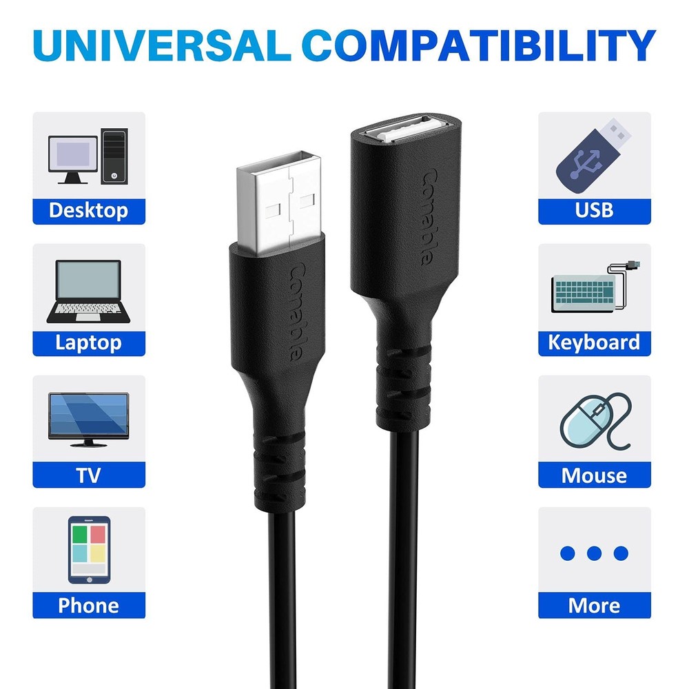 3 Pack USB Extension Cable 2 FT, Short 2.0 Type A 2FT (3 Pack), Black