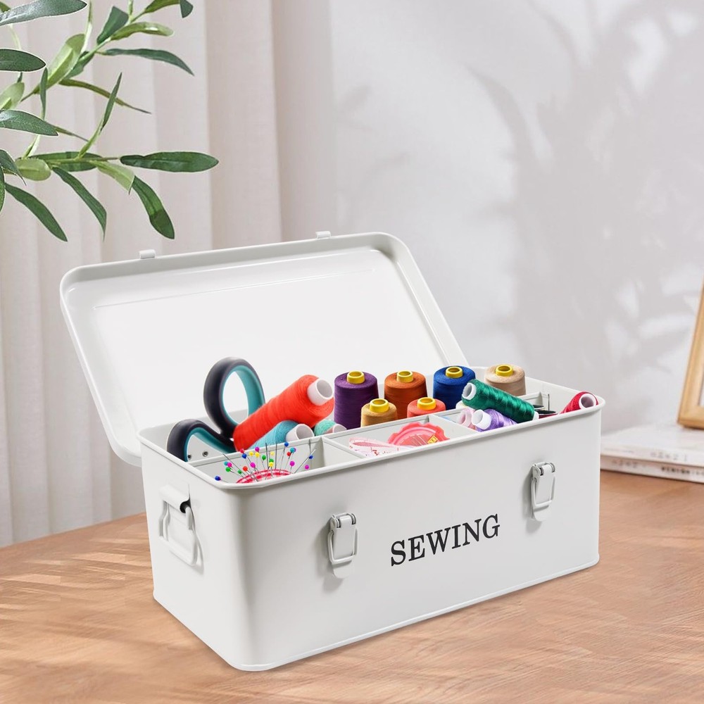Sewing Organizer Box Metal Storage Case 4 Compartments Thread Scissors Pins