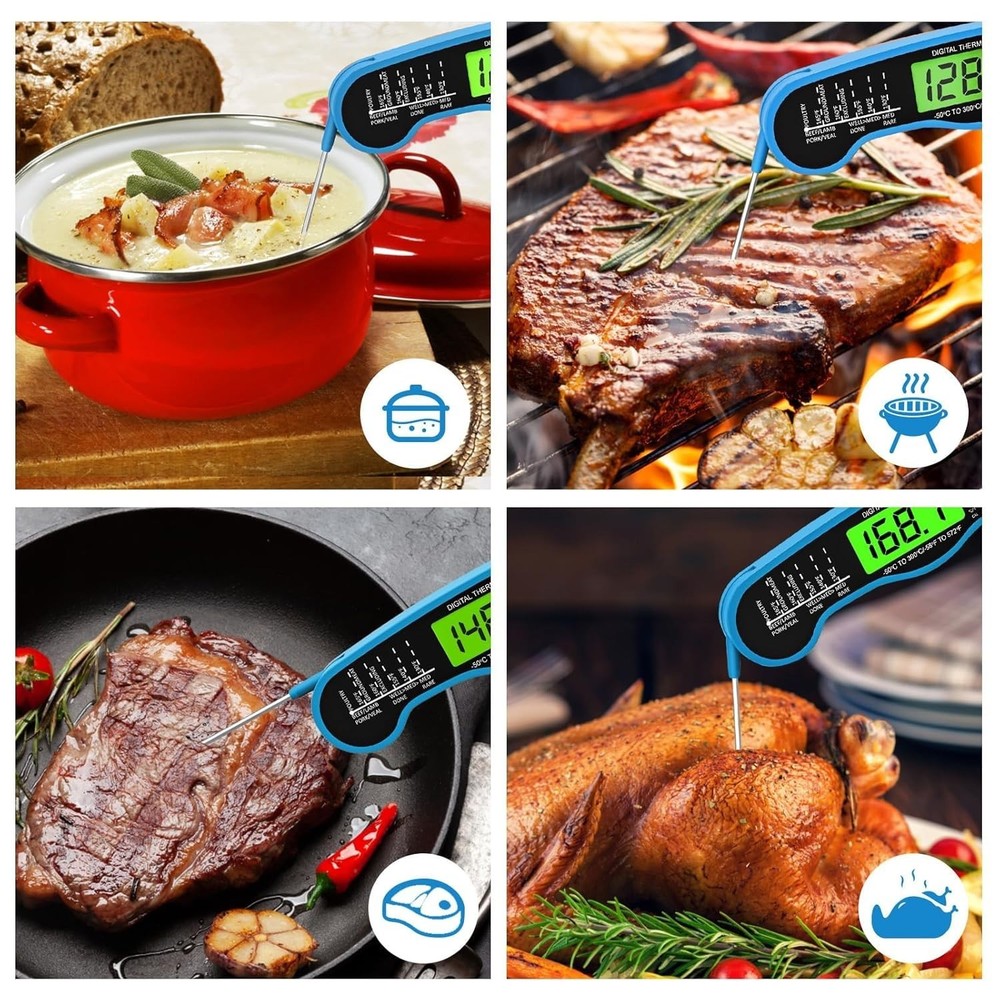 Blue Waterproof Digital Meat Thermometer with Fast Backlight Reading Feature