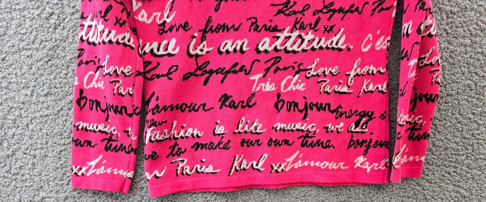 KARL LAGERFELD PARIS Allover Script Sweater Women's XS Teaberry Multi Pullover