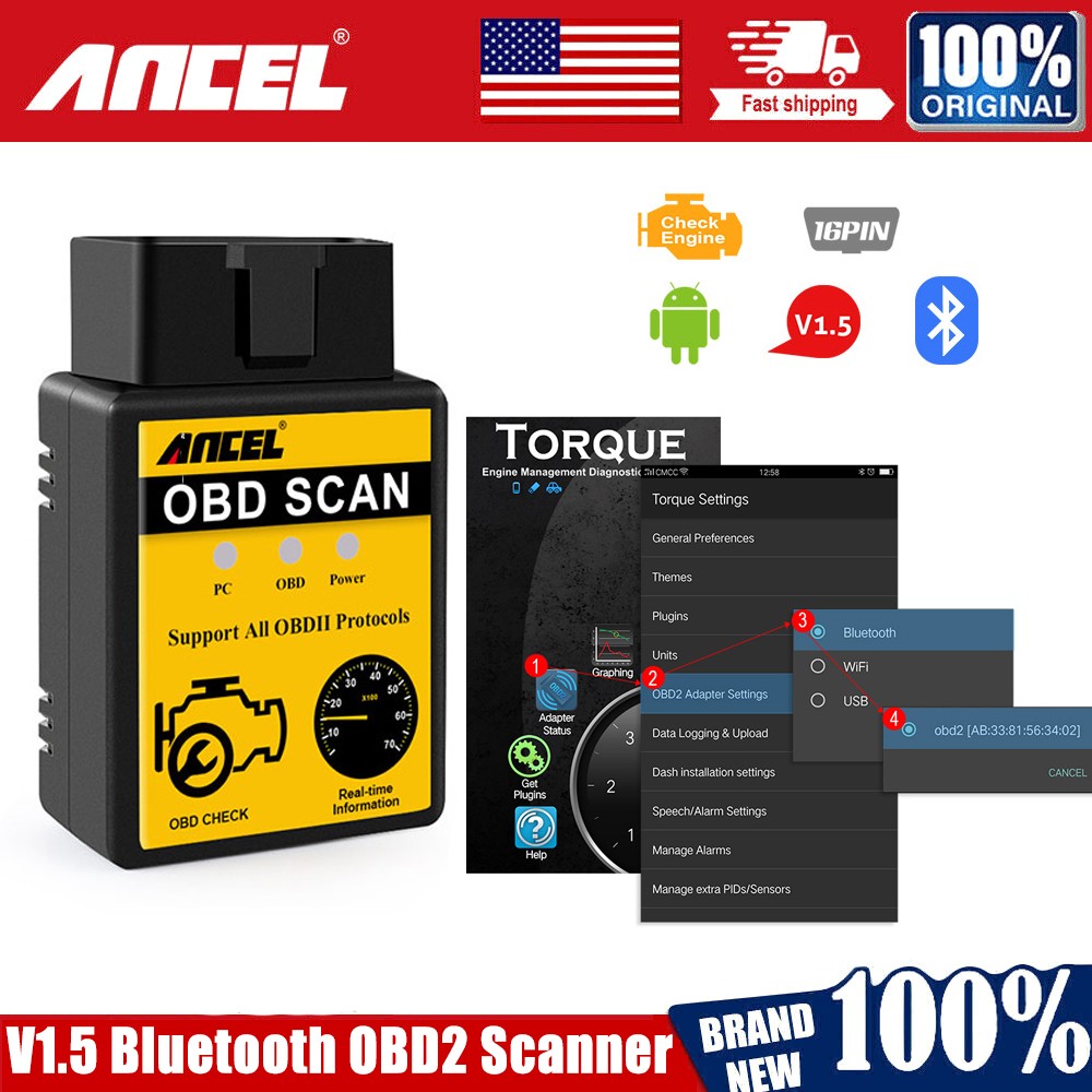 ANCEL ELM327 OBD2 Bluetooth Scanner Diagnostic Tool Check Engine Code Reader