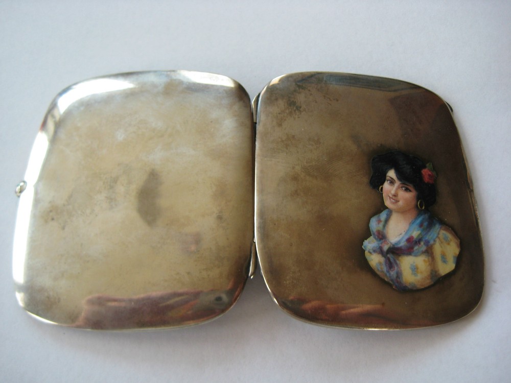 ANTIQUE AUSTRIAN ENAMEL 925 STERLING SILVER BOX CASE LADY