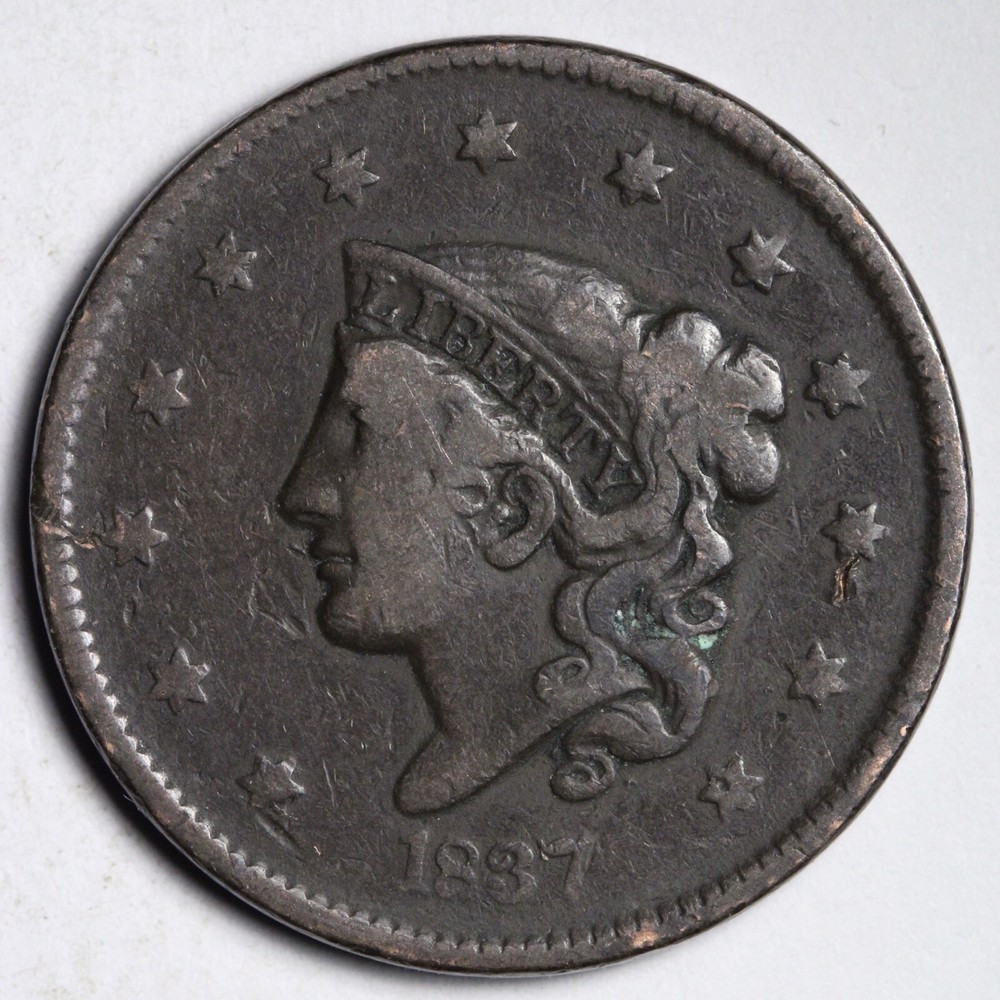 1837 Coronet Head Large Cent CHOICE FINE+/VF E167 UNL