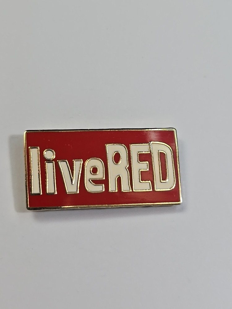 Live Red Lapel Pin White Letters Red Background