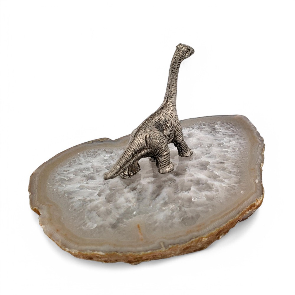 Prehistoric Brachiosaurus Pewter Figurine on Natural Agate Display