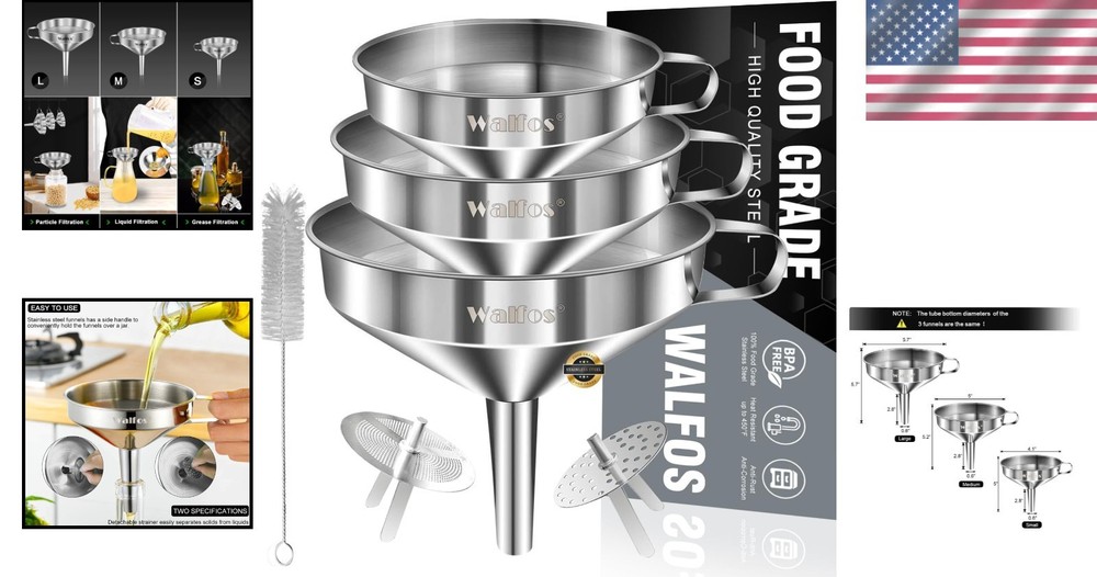 Durable Stainless Steel Funnels with Removable Strainers - Easy Clean & Store