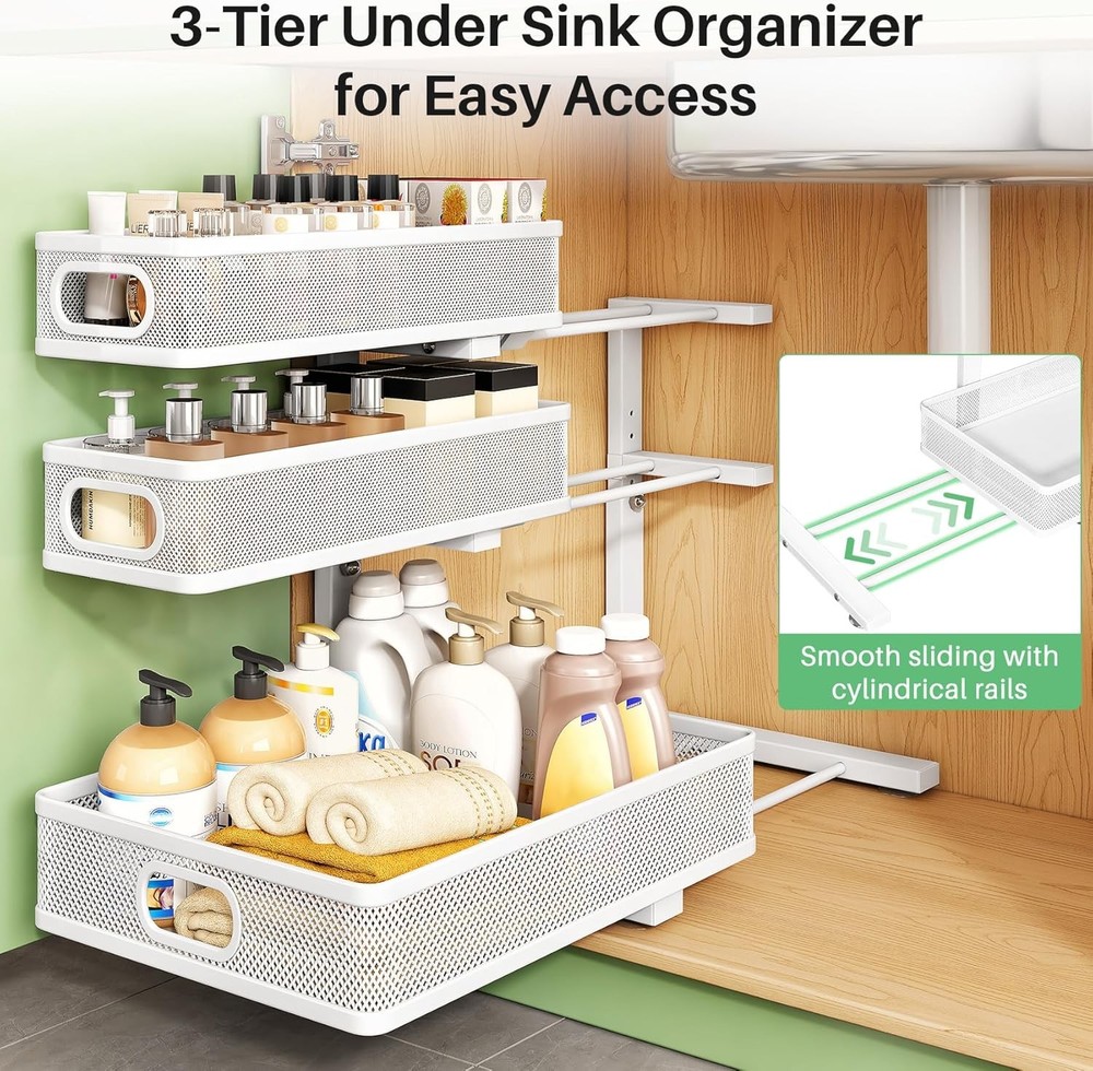 Under Sink Organizer 2-Pack 3-Tier Height Adjustable Thickened Metal Pull out