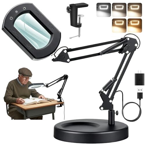 10X 30X Lighted Magnifying Glass with Stand & Clamp, 7" Large Rectangular Black