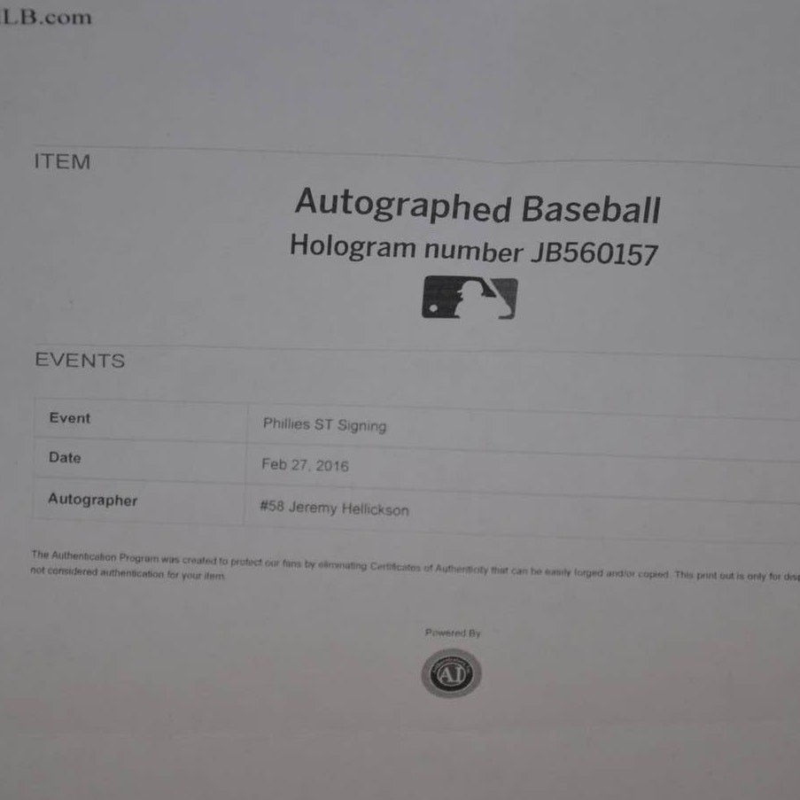 Jeremy Hellickson Autographed Baseball MLB Authenticated JB560157