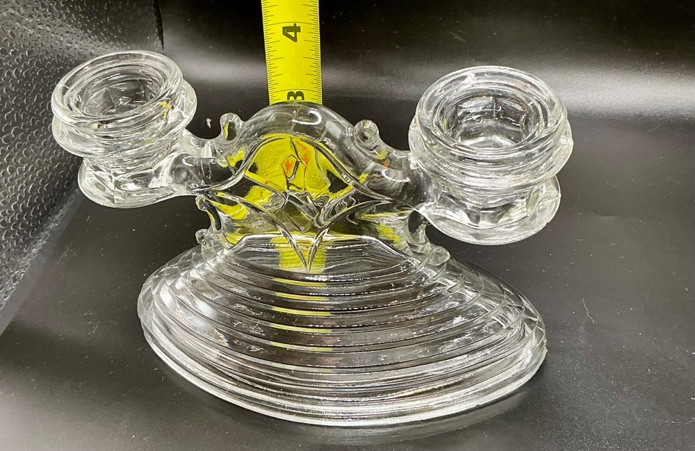 L.E. SMITH GLASS: DOUBLE CANDLESTICK LINE "HORIZONTAL RIBBED" CLEAR 1930'S
