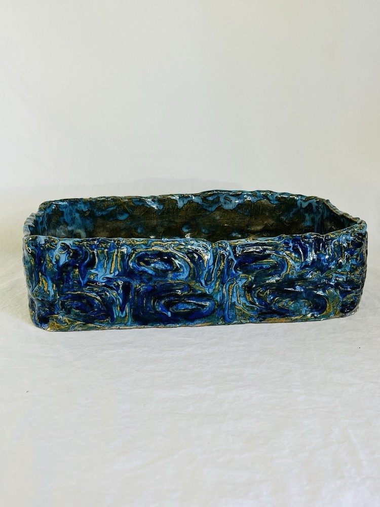 Vintage Ceramic Planter in Brutalist MCM Style Blue and Green Rectangular