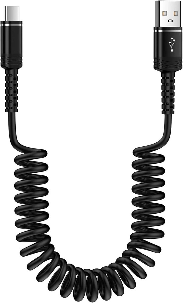Fast Charger Cable Coiled USB C for Car 3FT Android Auto Type A to 3FT, Black