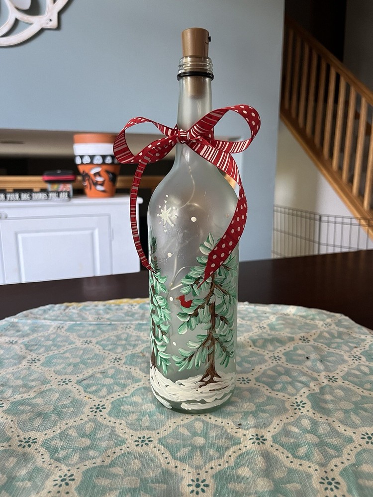 Winter Scene Handpainted On A Lighted Wine Bottle
