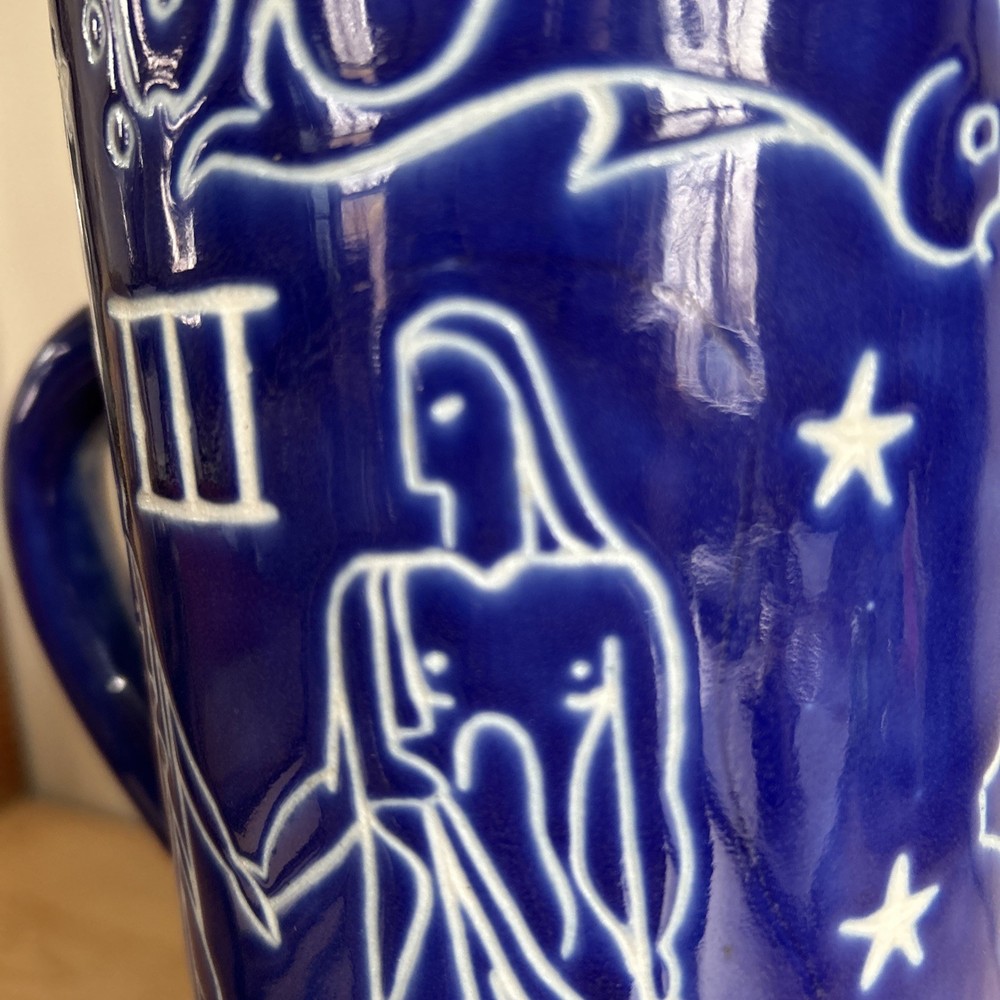 Zodiac Astronomy Blue & White Vintage Pitcher With Handle 12” Tall