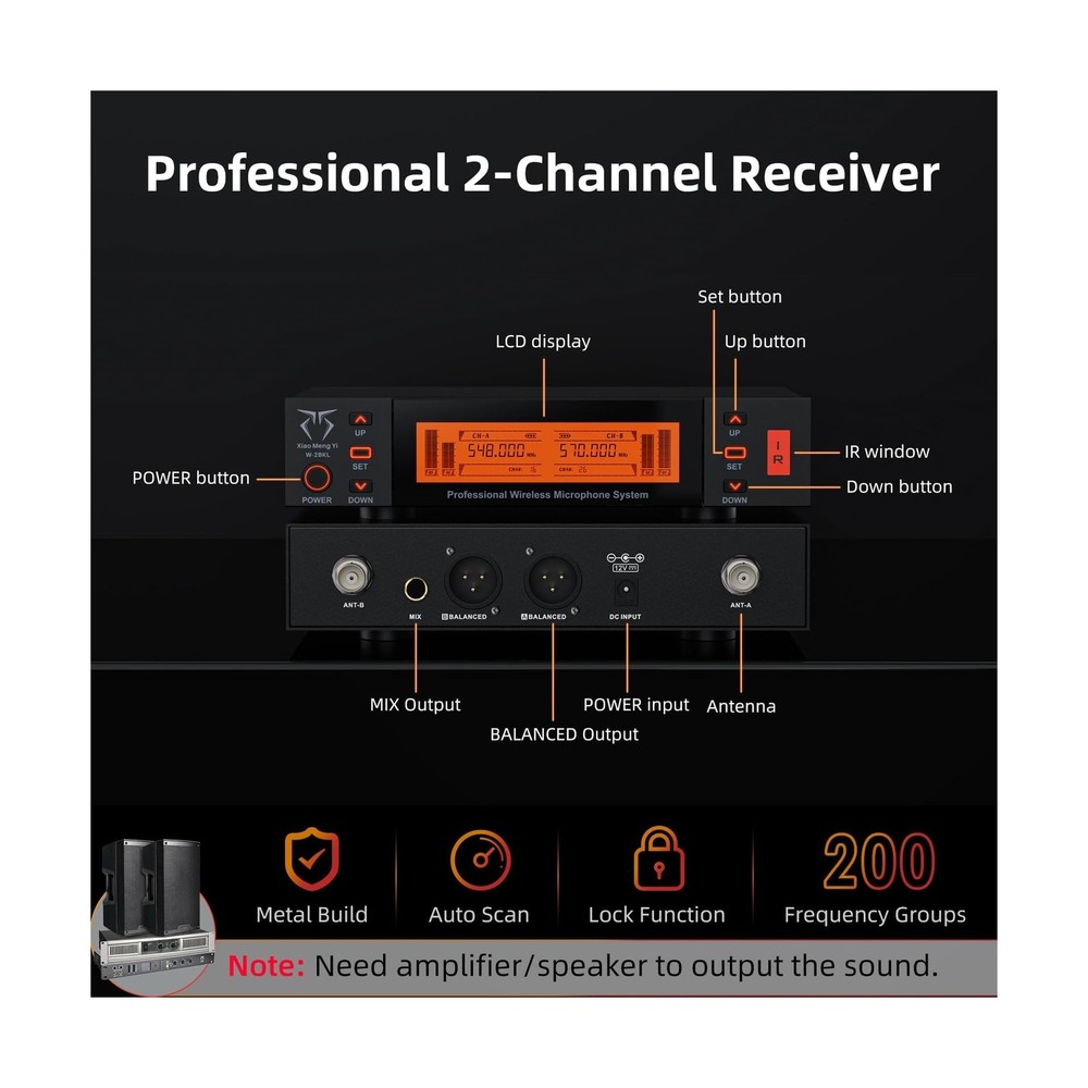 Dual Channel Wireless Microphone System, 2 Handheld Dynamic Mic, 200 UHF Freq...