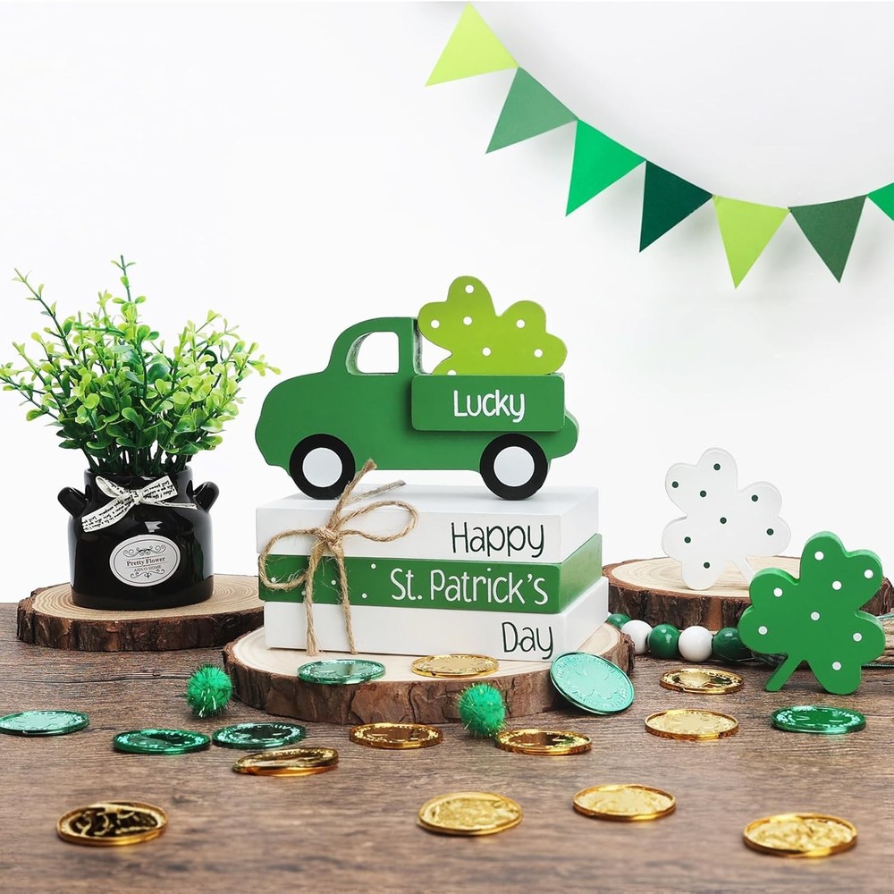 AKEROCK St Patricks Day Decorations, St Patricks Day Decor - Wooden Book Stack &