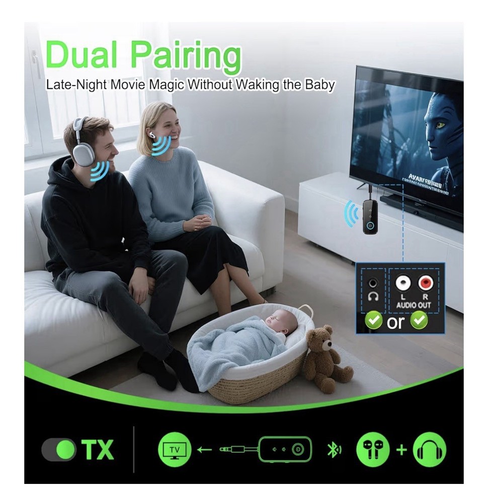 Bluetooth 5.4 Dual Pairing Transmitter Receiver 3.5mm Audio Adapter Black