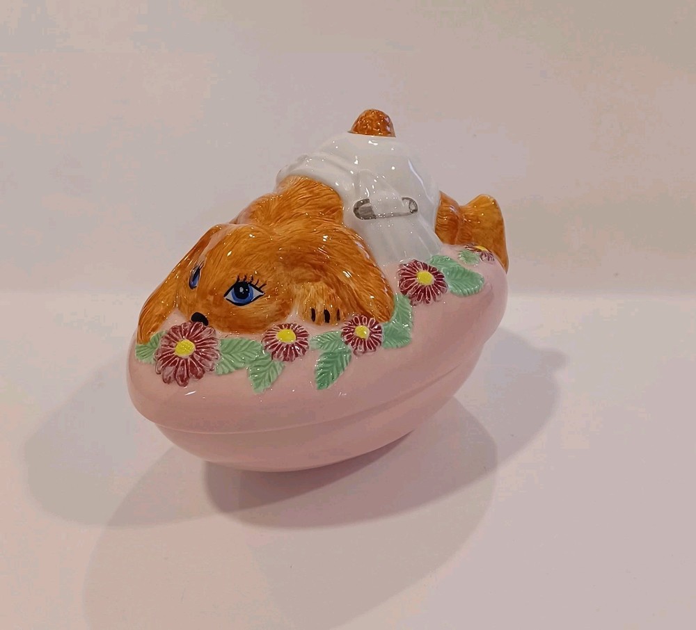 Vintage Large Pocelain Egg With Bunny On Top Candy Dish