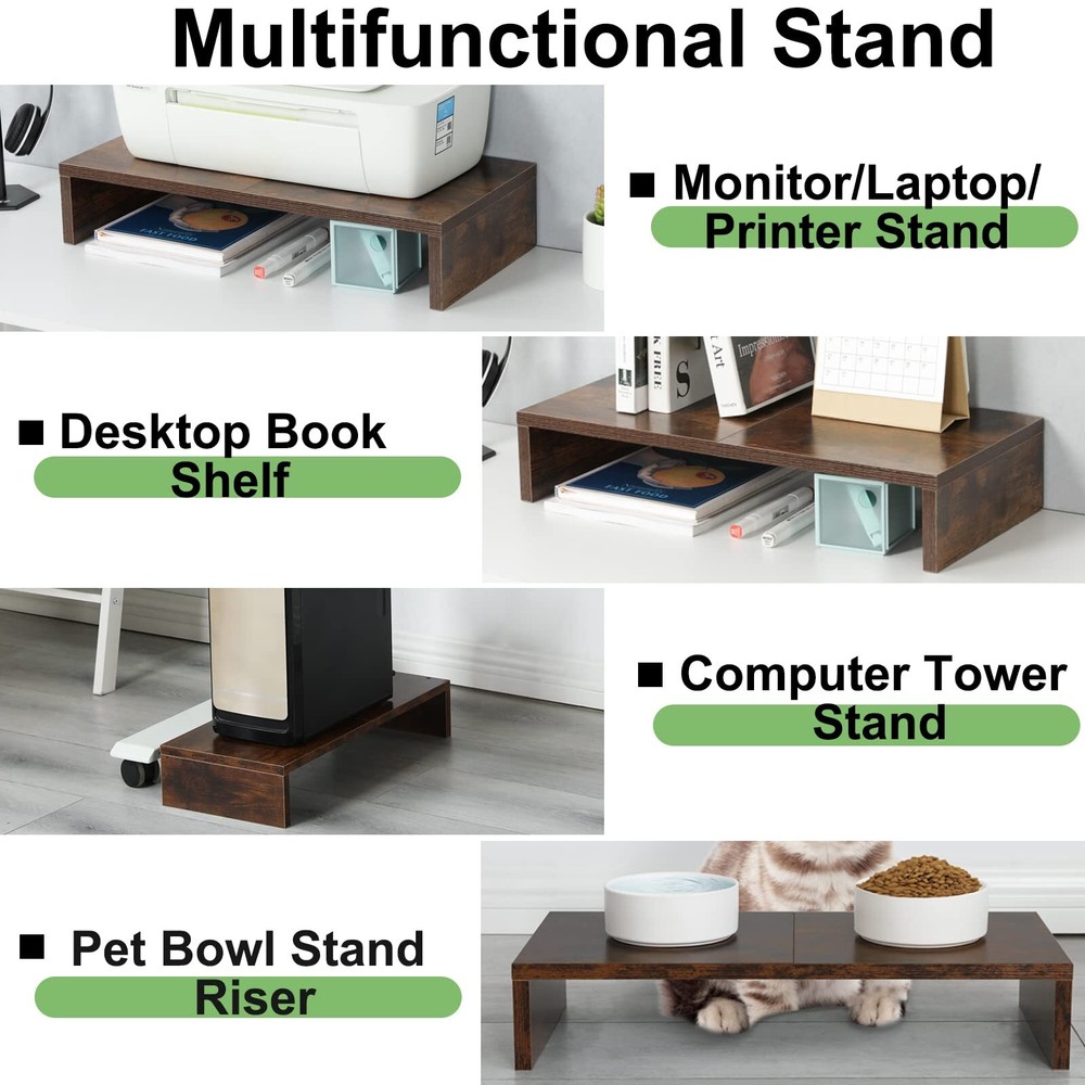 Monitor Stand Riser 20 inch Wooden Tabletop Shelf Storage Rustic Brown 2PCS